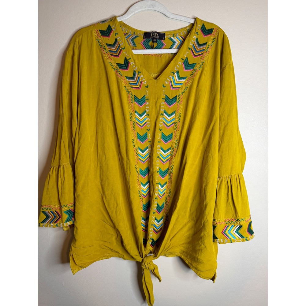 L&B Lucky & Blessed Womens 3X Mustard Embroidered Bell Sleeve Boho Western